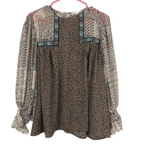 Entro Animal & Floral Print Blouse with Balloon Poet Sleeves, Smocked Wrist, S